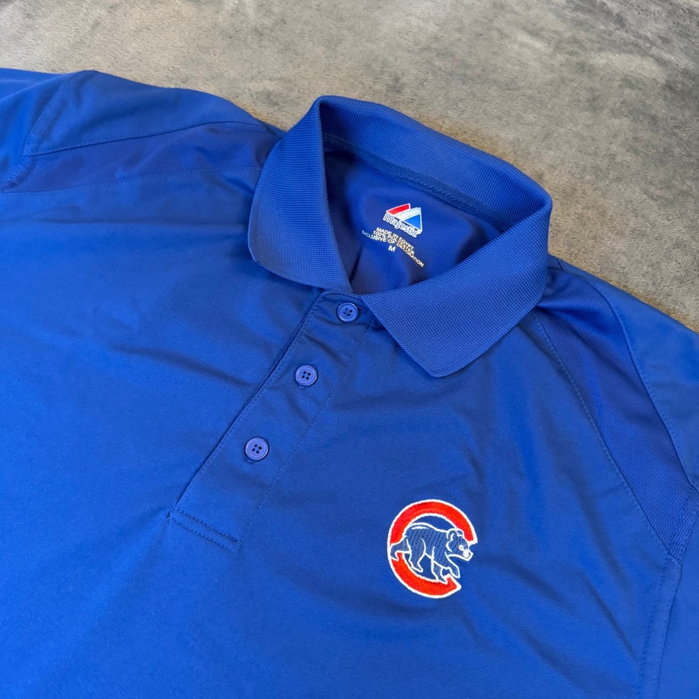 Majestic MLB Chicago Cubs Polo‎ Shirt Mens Medium Blue Embroidered Logo Athletic